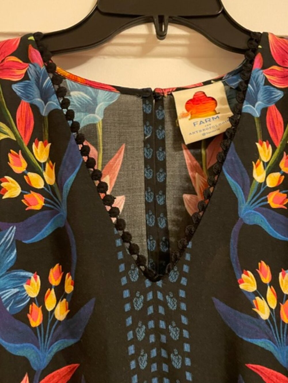 FARM RIO Anthropologie Pom Pom Trim Black Tropical Floral Dress S Small - Picture 3 of 6
